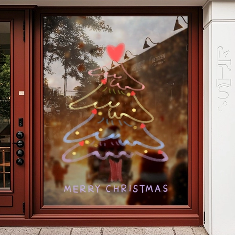 Christmas Window Sticker PVC Static Adsorption Double Sided UV Printing Colorful Tree Heart Decor For Glass Door Shop