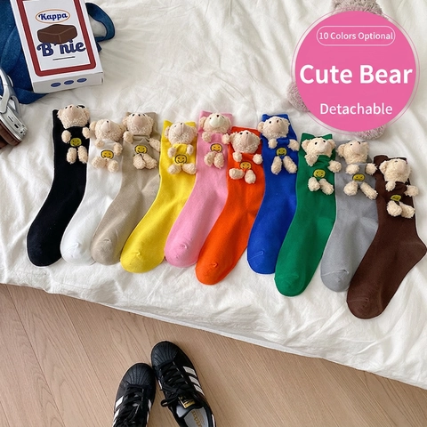 Kawaii Crew Socks With Detachable 3D Plush Bear Smiley Face Decoration Cotton Blend Japanese Style Women Accessory