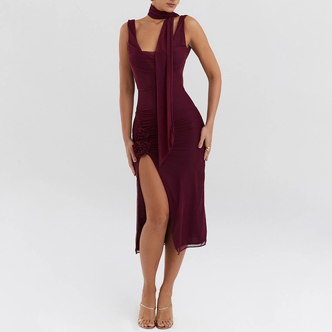 Sexy Wine Red Backless Maxi Dress For Women Mesh Patchwork Cowl Neck High Slit With 3D Flower Decoration And Scarf