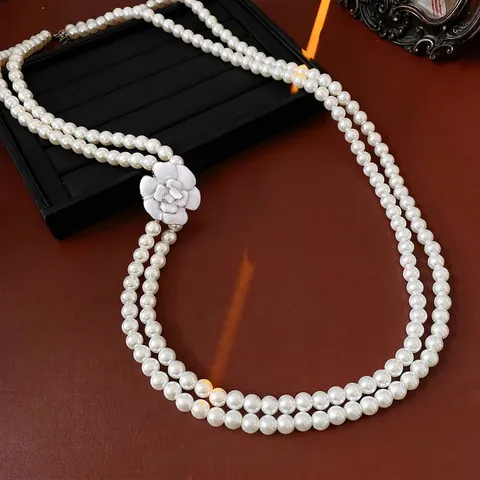 Collana Di Künstliche Perle Imitazione A Strati Ciondolo Fiore Camelia Lega Catena Lunga Maglione Gioielli Vintage Donna
