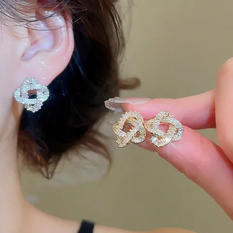 Orecchini A Lobo Nodo Geometrico Rame Micro Zirconi Gioielli Di Lusso Raffinati Con Silver Earring Post Donne