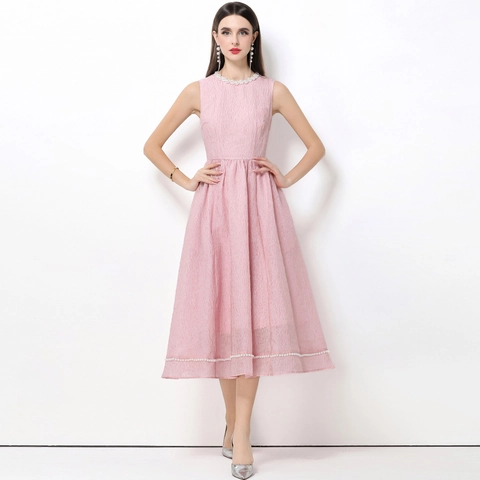 Elegant Pink Sleeveless Midi Dress Textured Fabric Artificial Pearl Bead Trim Round Neck High Waist A-Line French Style Women