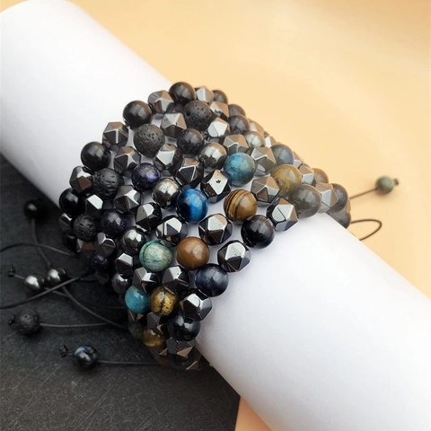 Verstellbares Gewebtes Edelstein Armband Mit Tigerauge Und Facettierten Hämatit Perlen Handgefertigter Modeschmuck Für Damen Herren