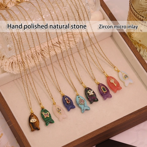 Collana Pendente Pesce Carina Pietra Naturale Acciaio Inossidabile Placcato Oro Intarsio Zircone Gioielli Vintage Donna