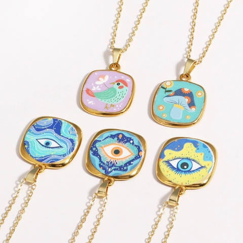 Enamel Square Pendant Necklace Vintage Oil Painting Style Gold Plated Evil Eye Floral Mushroom Jewelry For Women