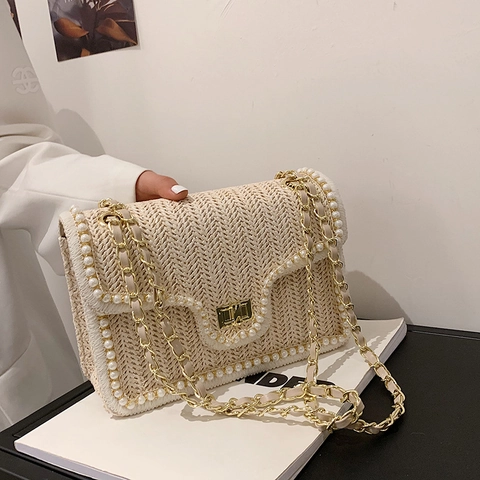 Stroh Gewebte Umhängetasche Kunstperlen Besatz Metallkette Schultergurt Sommer Strand Urlaub Kleine Quadratische Tasche Für Frauen
