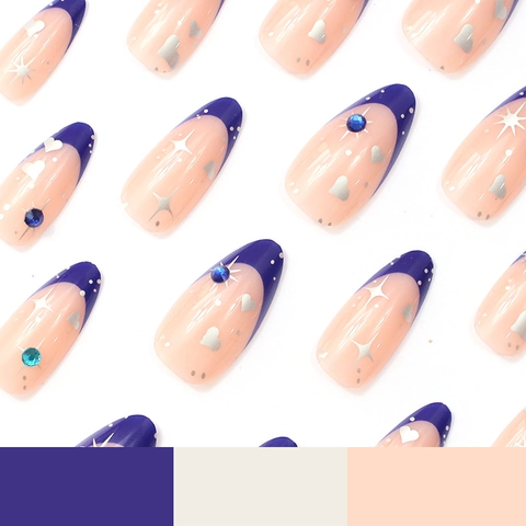 Press On Nails Lang Mandel Französisch Blau Stern Herz Strass Glitzer Falsche Nägel Für Frauen