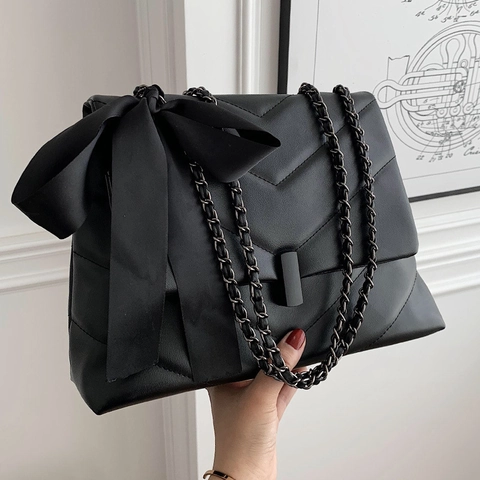 Borsa A Tracolla Trapuntata A V Con Grande Fiocco Di Raso Pelle PU Tracolla A Catena Elegante Versatile Borsa Da Donna