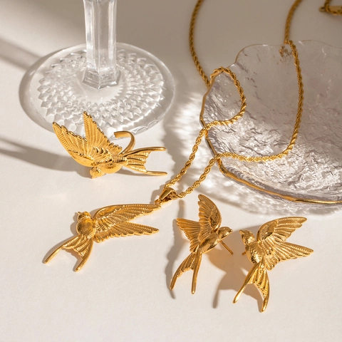 Swallow Bird Jewelry Stainless Steel Gold Plated Textured Feather Necklace Ring Earrings Waterproof Hypoallergenic Women