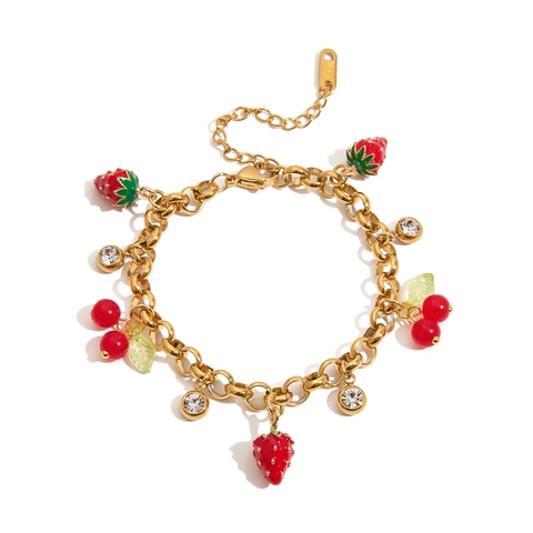 Strawberry Cherry Pendant Bracelet Stainless Steel 18K Gold Plated Enamel Zircon Luxury Fruit Jewelry For Women