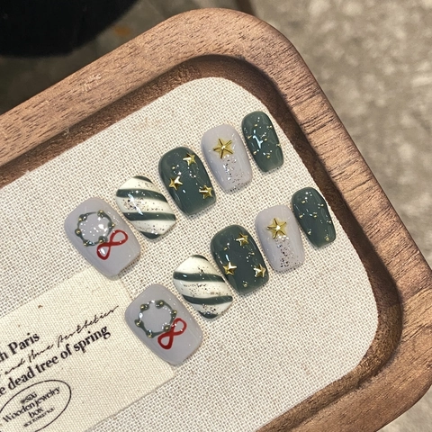 Uñas Postizas Hechas A Mano Navidad Estrella Corona Verde Gris Bloque De Color Forma Ataúd Corto Para Mujeres