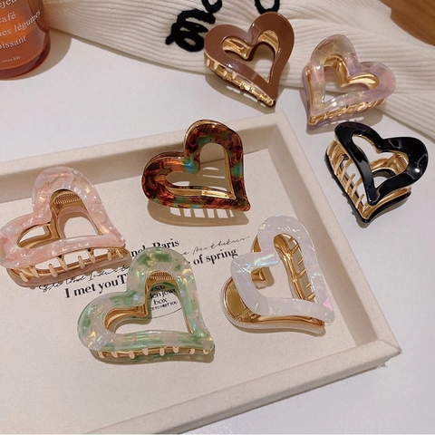 Heart Shaped Acetate Hair Claw Clips Hollow Out Marble Pattern Alloy Metal Hairpins Elegant Styling Accessories For Women Girls