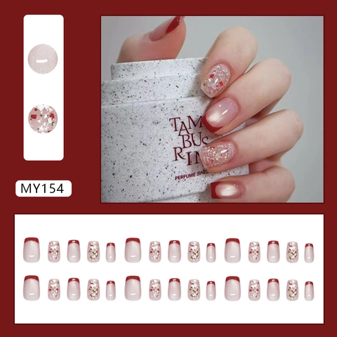 French Style Press On Nails Cat Eye Glinstering Rode Punten Glitter Bloem Ontwerp Zoete Elegante Kunstnagels