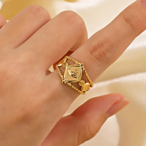 Böser Blick Ring Edelstahl Vergoldet Verstellbar Offen Geometrischer Rauten Perlenband Schmuck Für Damen
