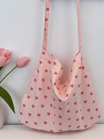 Sac À Épaule En Toile À Motif Cœur Rose Pochette À Maquillage En Coton Style Doux Pour Femmes Quotidien