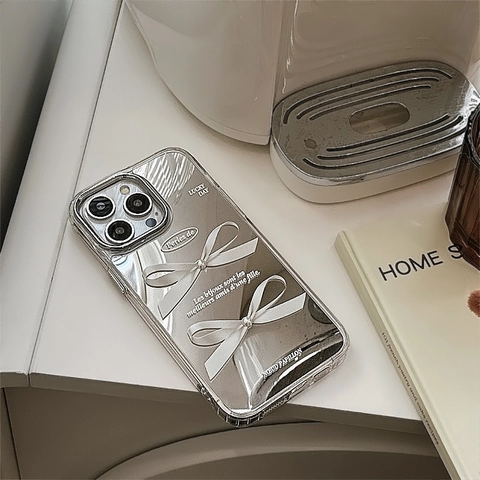 Custodia per Telefono Specchio Galvanico per IPhone Con Fiocco di Perle Artificiale 3D Cover Posteriore Antiurto alla Moda
