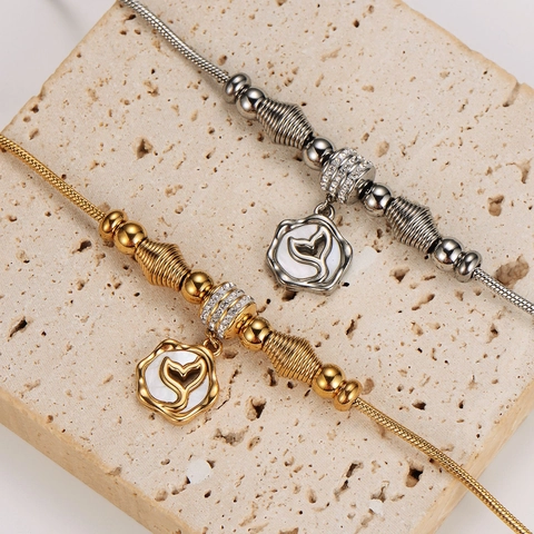 Pulsera De Cadena De Serpiente De Acero Inoxidable Con Dije De Corazón Y Cola De Ballena Nácar Joyería Elegante Para Mujer