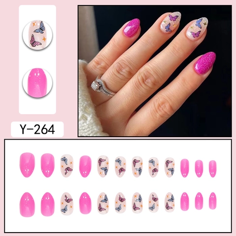 Ongles Pressés Motif Papillon Forme Amande Paillettes Brillant Rose Rouge Style Français Doux Faux Ongles Pour Femmes