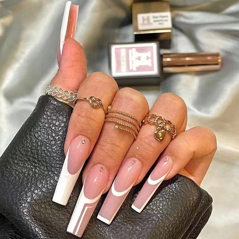 Uñas Postizas Largas Coffin Press On Rosa Blanco French Tip Línea Geométrica Diamantes Resina Para Mujeres