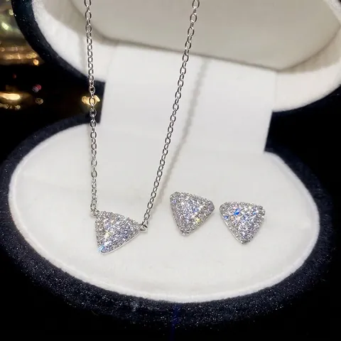 Triangle Jewelry Set Women Copper Cubic Zirconia Necklace Earrings With Silver Earring Post Sparkling Fashion Small