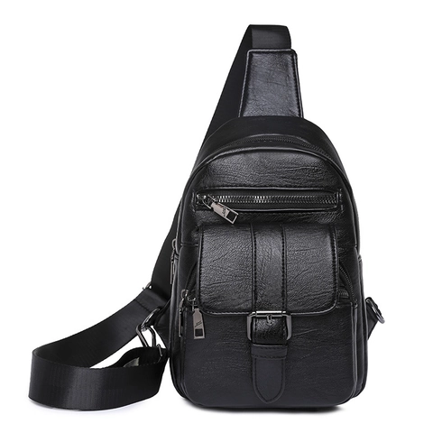 Vintage PU Leather Chest Bag For Women Men Casual Multi Pocket Crossbody Sling Pack With Earphone Hole Solid Color Bag
