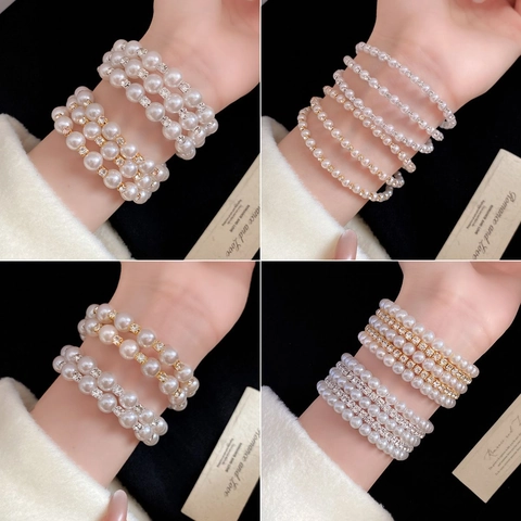 Multi-Layer Artificial Pearl Rhinestone Bangle Bracelet French Vintage Style Open Adjustable Cuff Elegant Jewelry For Women