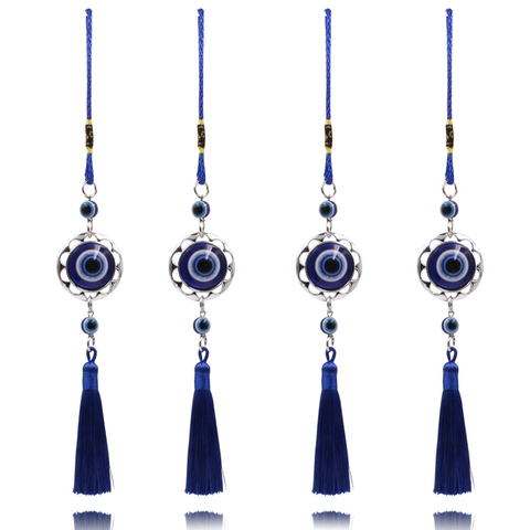 Blue Evil Eye Hanging Ornament Turkish Amulet Glass Alloy Heart Round Decor With Blue Tassel For Car Interior Home Wall