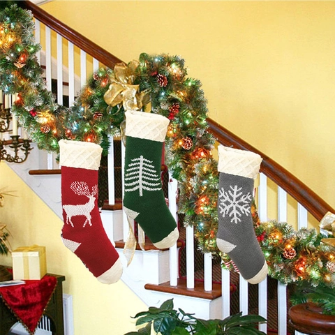 Christmas Stockings Knit Acrylic Reindeer Snowflake Tree Patterns Large Hanging Socks For Fireplace Holiday Decor