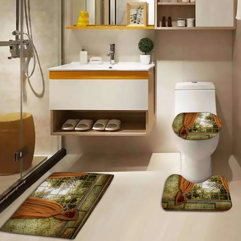 Waterproof Polyester Shower Curtain And Non-Slip Flannel Rugs With Vintage European Window View Forest Landscape Decor