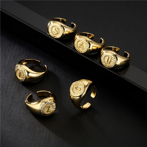 Vintage Buchstaben Siegelring Damen Kupfer 18K Vergoldet Zirkon Verstellbar Offener Ring Modeschmuck Elegant Design