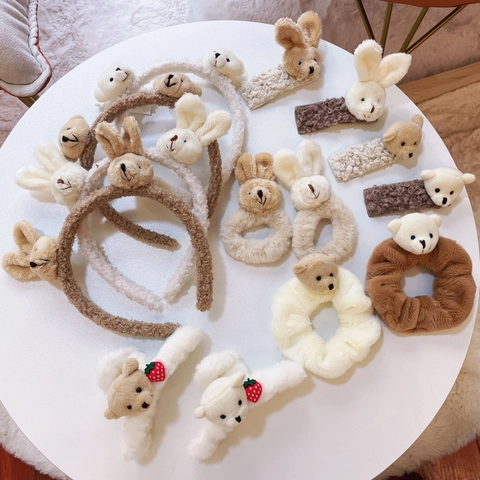 Plush Bear Bunny Hair Accessories Soft Faux Lamb Wool Cute Sweet Headband Claw Clip Scrunchie For Women Girls