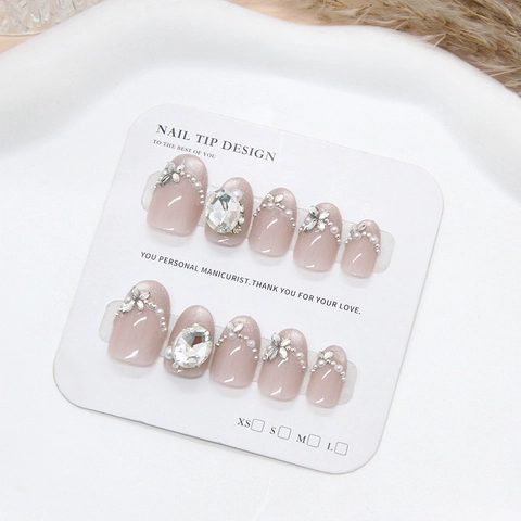 Handgemaakte Roze Kattenoog Plaknagels Franse Stijl Met Strass Steentjes En Imitatieparels Elegante Kunstnagels Voor Dames