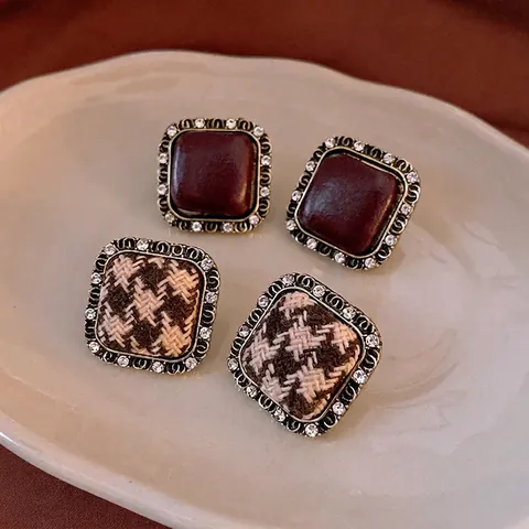 Retro Square Stud Earrings For Women Alloy Rhinestone Houndstooth Fabric And 925 Sterling Silver Earring Post