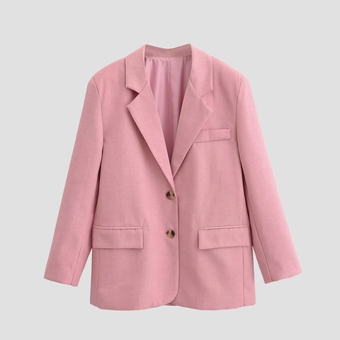 Chaqueta Blazer Rosa Para Mujer Poliéster Solapa De Muesca Cierre De Botones Moda Casual Color Sólido Con Bolsillos Con Solapa