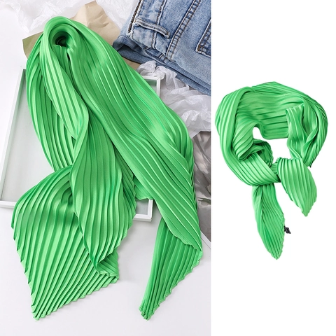 Women Pleated Satin Square Scarf Solid Color Leopard Floral Paisley Print Decorative Bandana Hair Tie Neck Wrap Fashion Accessory