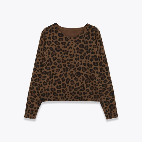 Jersey De Punto Con Estampado De Leopardo Para Mujer Cuello Redondo Manga Larga Acrílico Poliéster Jersey Casual