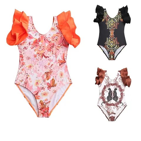 Girls One Piece Swimsuit Ruffle Sleeve High Elastic Quick Dry Beach Bathing Suit Tribal Floral Print