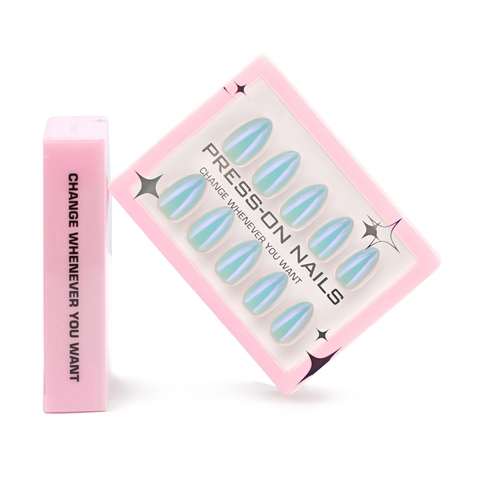 Aurora Blue Cat Eye Press On Nails Glossy Almond Shape Iridescent False Nails Shimmer For Women