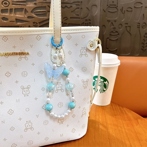 Luminous Butterfly Beaded Phone Chain Cute Acrylic Artificial Pearl Keychain Bag Pendant For Women Girls Daily Accesssory