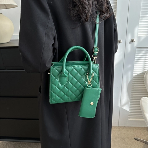 Quilted Diamond Lattice Shoulder Handbag PU Leather With Matching Coin Purse Elegant Daily Commute Simple Minimalist Women