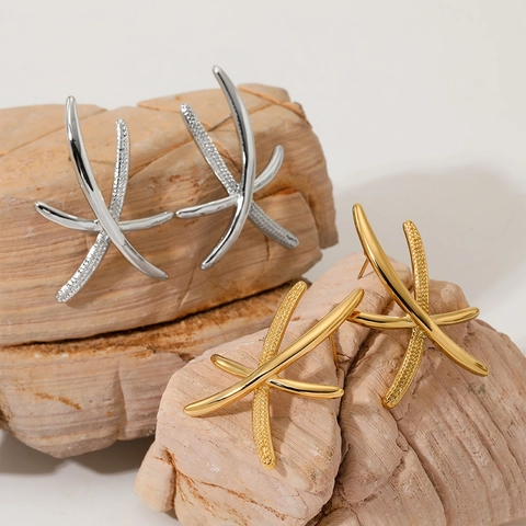 Pendientes De Acero Inoxidable Con Forma De Estrella De Mar Para Mujer Línea Cruzada Abstracta Textura Granulada Retro Francés