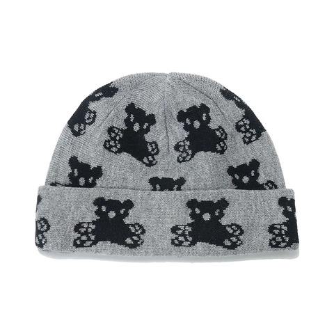 Umschlagmütze Beanie Acryl Strick Warm Winter Cartoon Bär Muster Jacquard Weiche Thermische Kopfbedeckung Für Damen