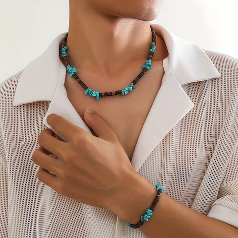 Men Necklace And Bracelet Coconut Shell Turquoise Tiger Eye Beaded Bohemian Ethnic Hip Hop Jewelry Accessory