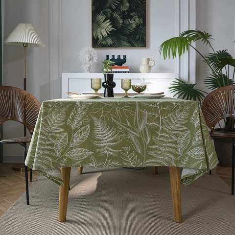 Green Leaf Pattern Cotton Blend Tablecloth Rectangular Round Christmas Plaid Heart Design Dustproof Table Cover For Dining