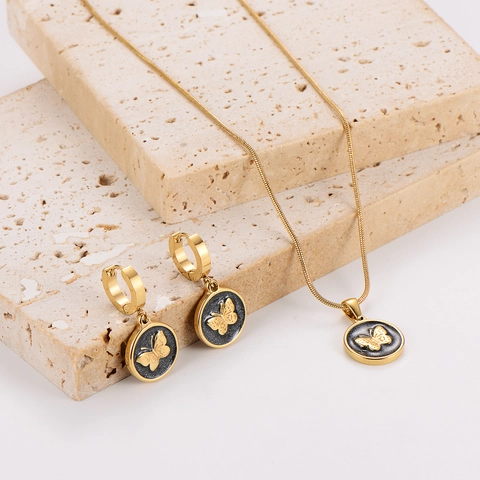 Collana E Orecchini Con Ciondolo A Farfalla Tonda Acciaio Inossidabile Catena Serpente Placcato Oro Gioielli Moda Donna