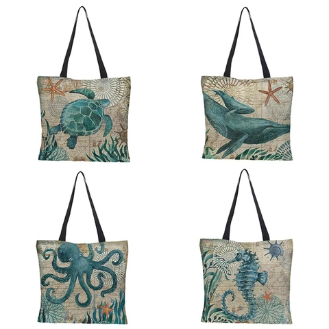 Sac Fourre-Tout Imprimé Tortue De Mer Mélange Lin Coton Imperméable Grande Capacité Sac À Main Shopping Style Vintage