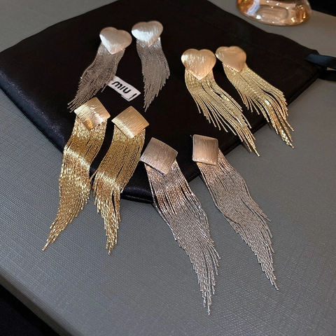 Lange Kwastje Hart Rhombus Hangoorbellen Voor Vrouwen Mode Elegante Metalen Ketting Sieraden Met Zilveren Oorbel Post