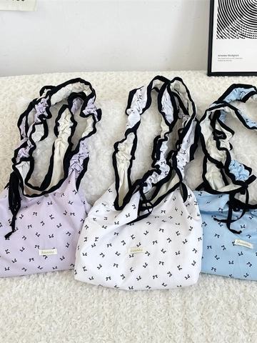 Damen Schultertasche Mit Schleifendruck Rüschenriemen Große Kapazität Tragetasche Polyester Süß Handtasche