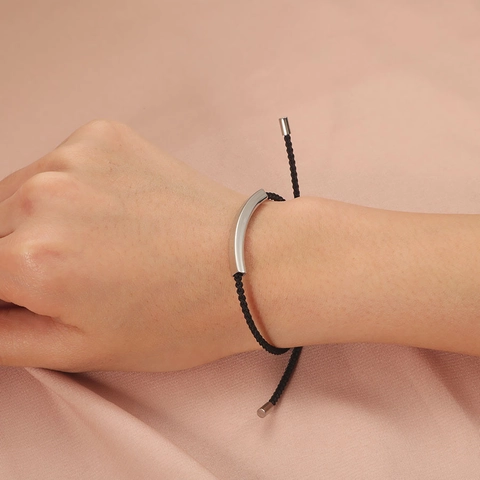 Pulsera Cuerda Trenzada Minimalista Con Barra Acero Inoxidable Ajustable Geométrica Unisex Baño Oro 18K Pulido Espejo