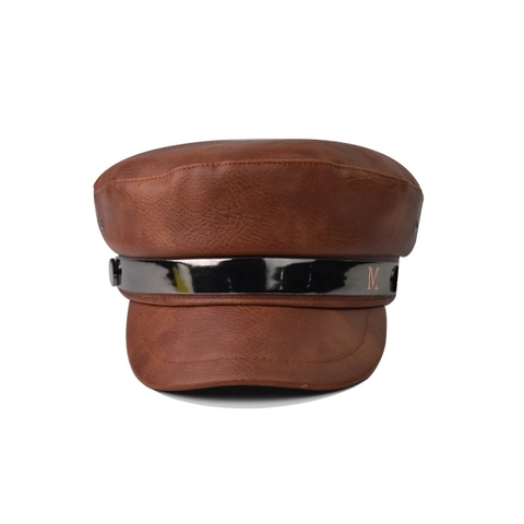 Women PU Leather Newsboy Cap Flat Top Military Fiddler Hat Vintage Solid Color Metal Band Autumn Winter Outdoor